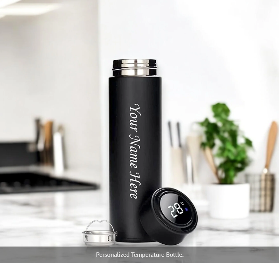 "Personalized Stainless Steel Sports Water Bottle with LED Temperature Display | Double Wall Vacuum Insulated Flask | Keeps Drinks Hot & Cold for 24 Hours β Black"