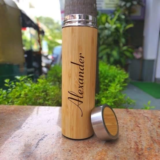 Your Name Customised Eco Friendly Bamboo Stainless Steel Wooden Bamboo Bottle 24 Hours Vacuum Flask, 500ml, Silver 12 Hours Hot & Cold Stainless Steel Flask Water with Double Wall Hot & Cold