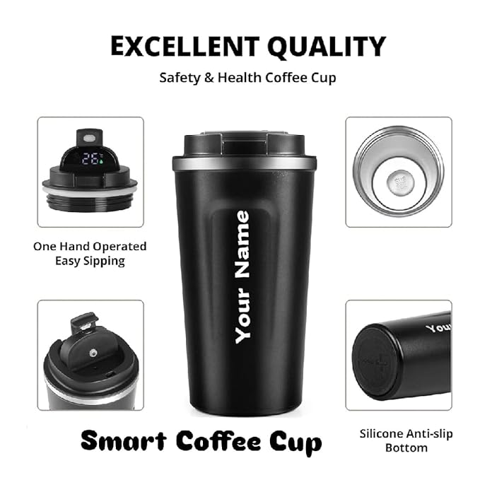 Personalised Stainless Steel Vacuum Coffee Mug | 500ml Insulated Travel Mug with Your Name & Logo Print | Keeps Drinks Hot for 9 Hrs | Pack of 1 (Black)