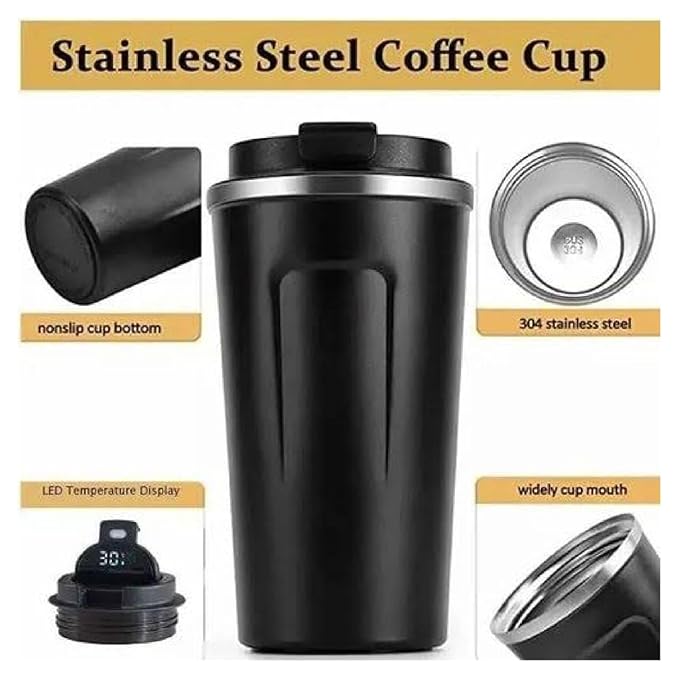Personalised Stainless Steel Vacuum Coffee Mug | 500ml Insulated Travel Mug with Your Name & Logo Print | Keeps Drinks Hot for 9 Hrs | Pack of 1 (Black)