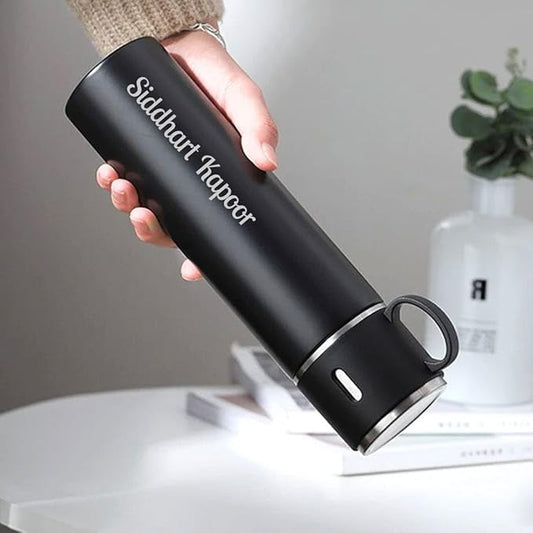 Your Name Logo Personalized Stainless Steel Vacuum Flask & Cup Set, Coorporate Gift Flsk Set 3 Steel Cups, 500 ml, Keeps Liquid Cold/Hot (Black)