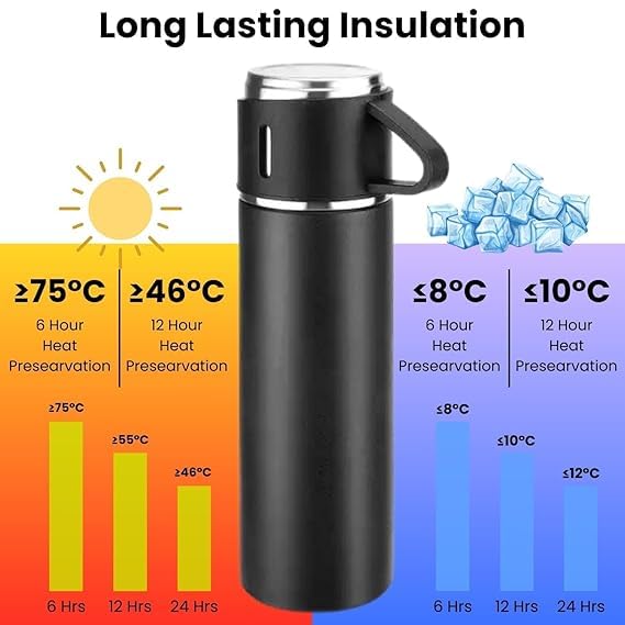 Your Name Logo Personalized Stainless Steel Vacuum Flask & Cup Set, Coorporate Gift Flsk Set 3 Steel Cups, 500 ml, Keeps Liquid Cold/Hot (Black)