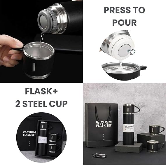 Your Name Logo Personalized Stainless Steel Vacuum Flask & Cup Set, Coorporate Gift Flsk Set 3 Steel Cups, 500 ml, Keeps Liquid Cold/Hot (Black)