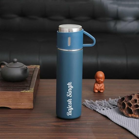 Your Name Logo Personalized Stainless Steel Vacuum Flask & Cup Set, Coorporate Gift Flsk Set 3 Steel Cups, 500 ml, Keeps Liquid Cold/Hot (Blue))