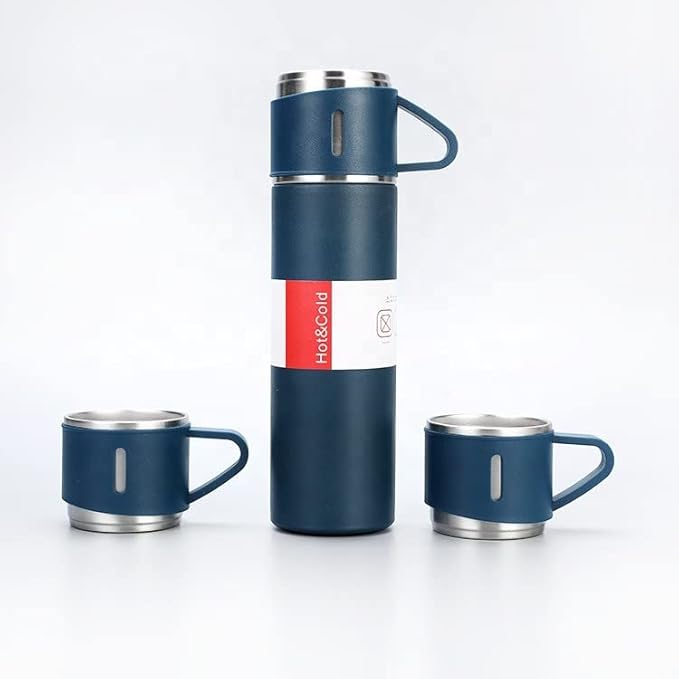 Your Name Logo Personalized Stainless Steel Vacuum Flask & Cup Set, Coorporate Gift Flsk Set 3 Steel Cups, 500 ml, Keeps Liquid Cold/Hot (Blue))