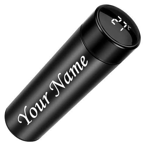 "Personalized Stainless Steel Sports Water Bottle with LED Temperature Display | Double Wall Vacuum Insulated Flask | Keeps Drinks Hot & Cold for 24 Hours – Black"
