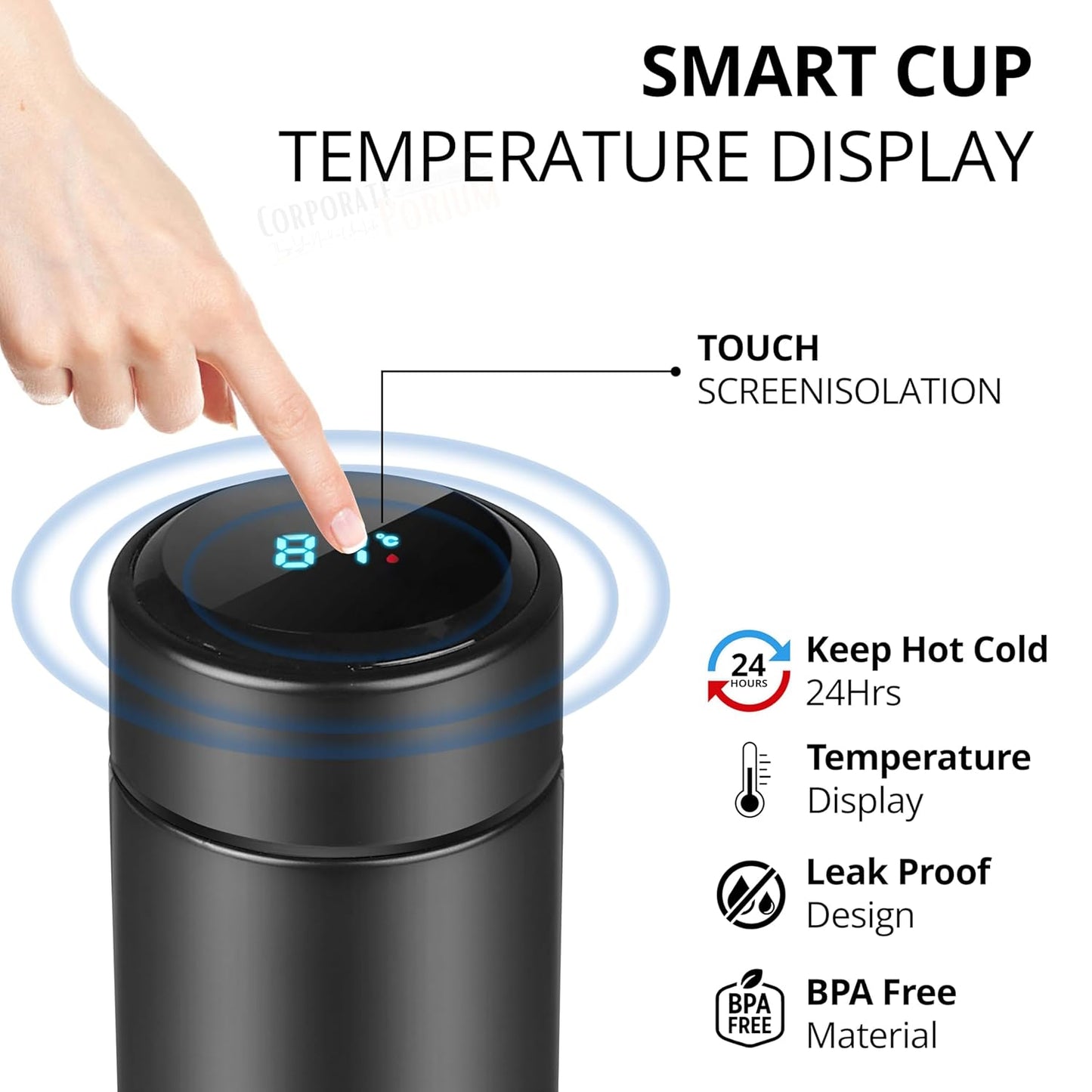"Personalized Stainless Steel Sports Water Bottle with LED Temperature Display | Double Wall Vacuum Insulated Flask | Keeps Drinks Hot & Cold for 24 Hours – Black"