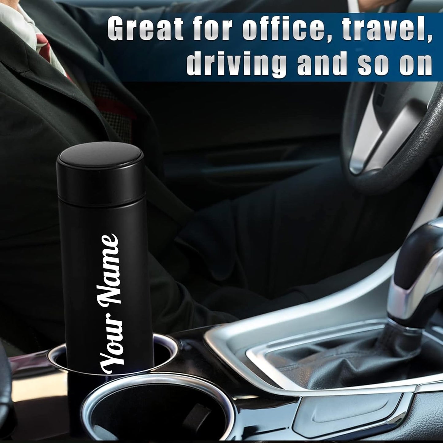 "Personalized Stainless Steel Sports Water Bottle with LED Temperature Display | Double Wall Vacuum Insulated Flask | Keeps Drinks Hot & Cold for 24 Hours – Black"
