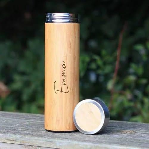 Your Name Customised Eco Friendly Bamboo Stainless Steel Wooden Bamboo Bottle 24 Hours Vacuum Flask, 500ml, Silver 12 Hours Hot & Cold Stainless Steel Flask Water with Double Wall Hot & Cold