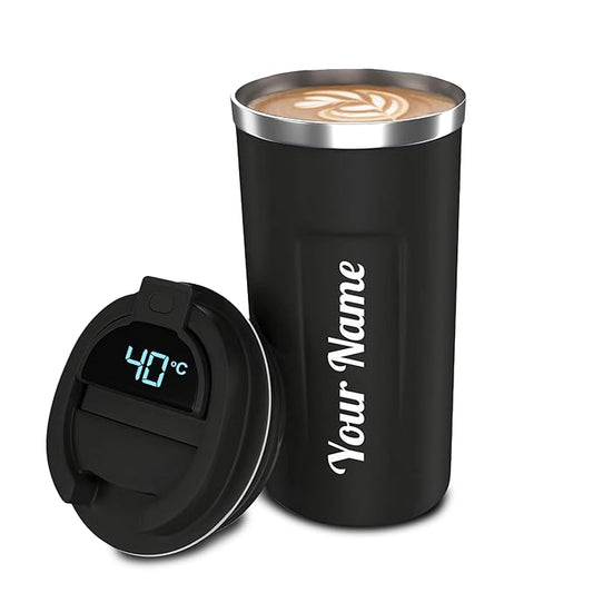 Personalised Stainless Steel Vacuum Coffee Mug | 500ml Insulated Travel Mug with Your Name & Logo Print | Keeps Drinks Hot for 9 Hrs | Pack of 1 (Black)