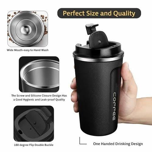 Personalised Stainless Steel Vacuum Coffee Mug | 500ml Insulated Travel Mug with Your Name & Logo Print | Keeps Drinks Hot for 9 Hrs | Pack of 1 (Black)